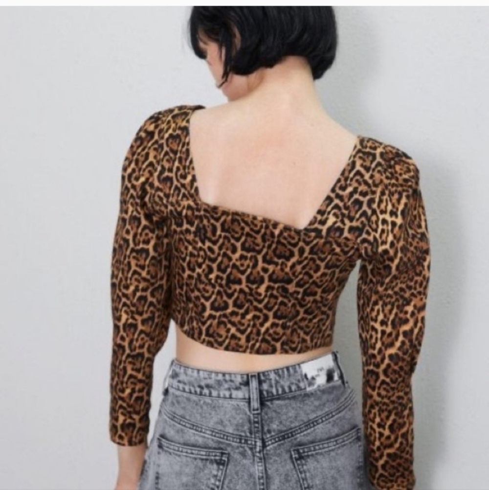 ZARA Leopard Print Long Sleeve Zip Front Puff Sleeve Crop Top.Black/brown.SM NWT - Picture 5 of 14